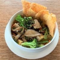 Vegetarian Spicy Noodle Soup (Bun Bo Hue Chay) · Fried tofu,King mushroom, carrot, snow pea, lemongrass, house chili oil served with vermicel...