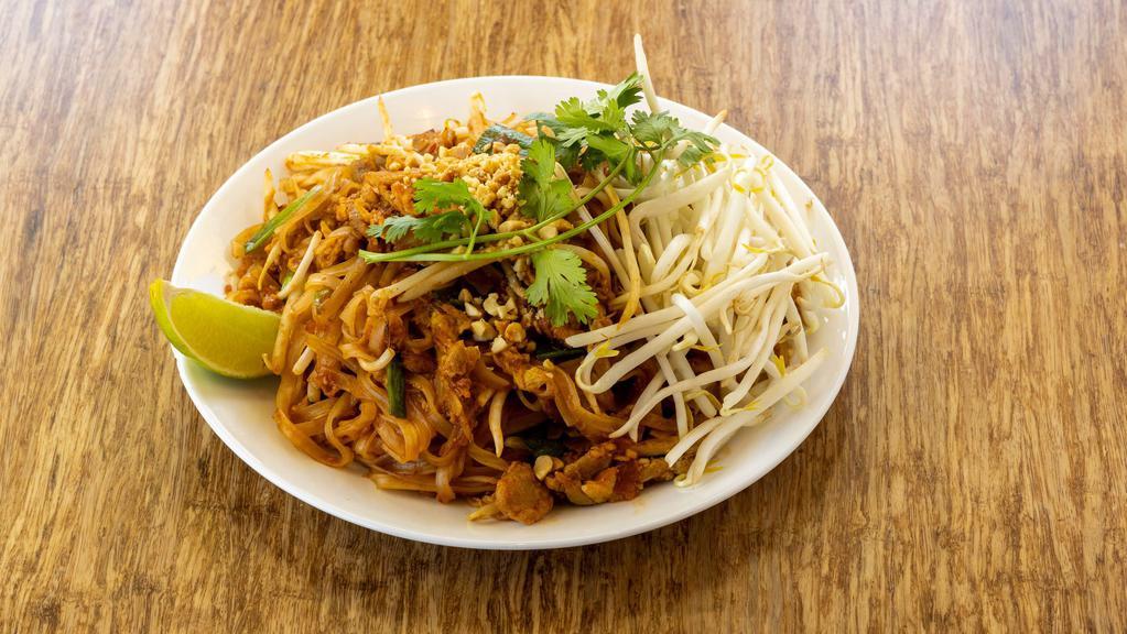 Pad Thai · Rice noodle, egg, bean sprout, scallion, topped with crushed peanuts.