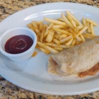 Kids Been & Cheese Burrito · Flour tortilla cheese beans rice and beans or french fries.