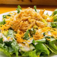 Veggie Salad · Fresh cut greens. Fresh shredded cheese. House crispy onion straws. No meat. Dressing choice...