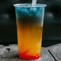 New Mexico Summer Sunset · Green Tea: Pineapple, Mango and Strawberry w/ Lychee Jellies and Butterfly Tea