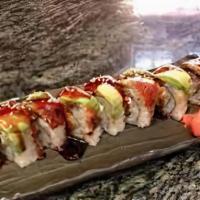 Dragon Roll · Crab mix, cucumber, topped with eel, avocado, and eel sauce