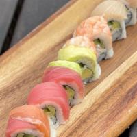 Rainbow Roll · california roll topped with tuna, salmon, yellowtail, shrimp, avocado