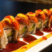 Split Decision Roll · California roll, topped with spicy tuna, eel sauce, spicy mayo and tempura flakes