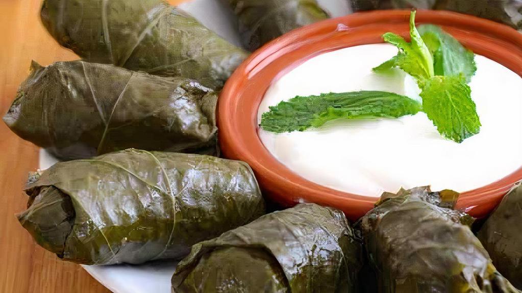 Dolmas · Stuffed grape leaves with rice and spices. Served with house salad and tzatziki sauce.