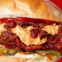 Dirty Bird · Fried chxx, bacon, pimento cheese, house ketchup, Duke's, pickles