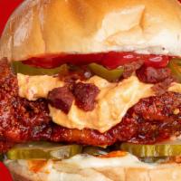 Hot + Dirty Sandwich · Fried Chxx sandwich, hot oil blend, bacon, pimento cheese, mayo, pickles, jalapenos.