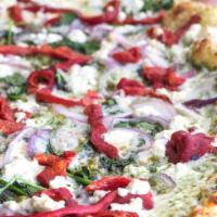 Portland Pizza · Pesto sauce, roasted red pepper, spinach, red onion, mozzarella and sheep feta. All non-vega...