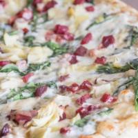 Penelope'S Pie Pizza · Caramelized onion sauce, spinach, beets, artichoke heart, and parmesan. All non-vegan pies c...