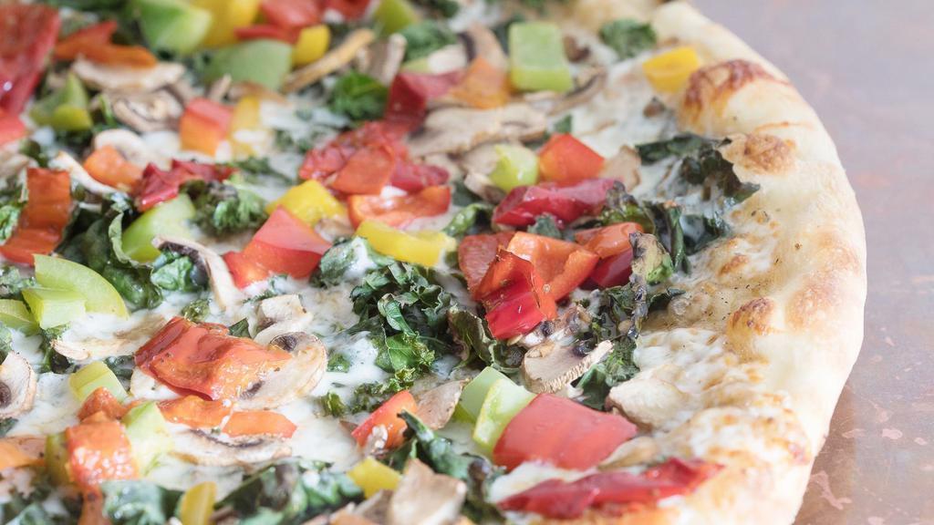 Ring My Bell Pizza · Caramelized onion sauce, kale, mama lil's peppers, mushroom and bell pepper medley. All non-vegan pies come with whole milk mozzarella.