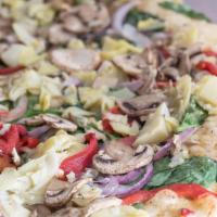 Karmalized Pizza · Caramelized onion sauce, spinach, mushroom, red onion, artichoke hearts, roasted red pepper ...