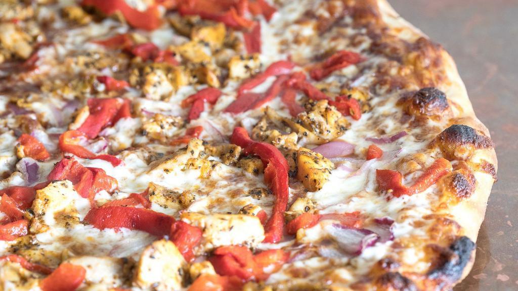 Bbq Chicken Pizza · Barbecue sauce, chicken, red onion, and roasted red pepper. All non-vegan pies come with whole milk mozzarella.