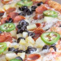 The Spicoli Pizza · Little pepperoni, pineapple, black olive, and fresh jalapeno. All non-vegan pies come with w...