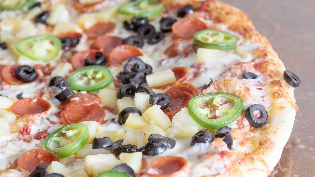 The Spicoli Pizza · Little pepperoni, pineapple, black olive, and fresh jalapeno. All non-vegan pies come with whole milk mozzarella.