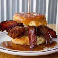 The Lola · Buttermilk fried chicken, bacon, homemade honey butter covered in maple syrup