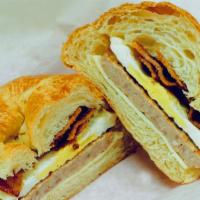 Sausage, Egg, Bacon, And Cheese Breakfast Sandwich · Choice of bagel, toast, croissant, english muffin