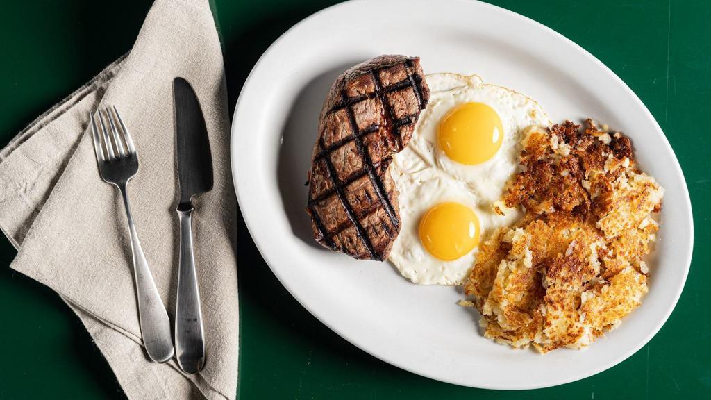 Sirloin Steak And Eggs · Eight oz sirloin steak, two eggs, hashbrowns and choice of toast or buttermilk pancakes.