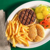 Hamburger · 1/2 Pound All Natural Beef Burger on Bun, Served with Garnish and French Fries.