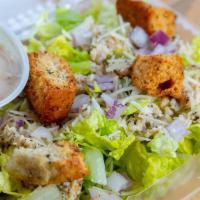 Large Chicken Caesar Salad · Romaine lettuce, red onions, signature chicken, shredded parmesan and croutons.