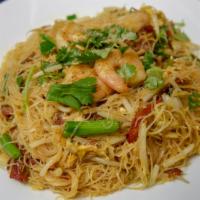 Singapore Noodles · Shrimp and BBQ pork, stir fried angel hair noodle with curry powder.