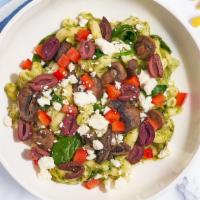 Primo Veggie Pesto · Fresh spinach, feta, Greek olives cooked in a blend of creamy white cheddar cheese and toppe...
