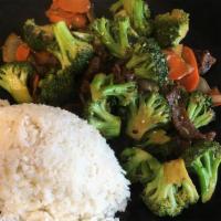 Broccoli Beef · Stir fried tender beef and fresh broccoli in a ginger soy sauce. Served with rice.