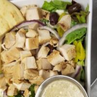 Greek Chicken Salad · 5 ounces of grilled chicken breast, feta cheese, kalamata olives, cucumber, tomato, red onio...