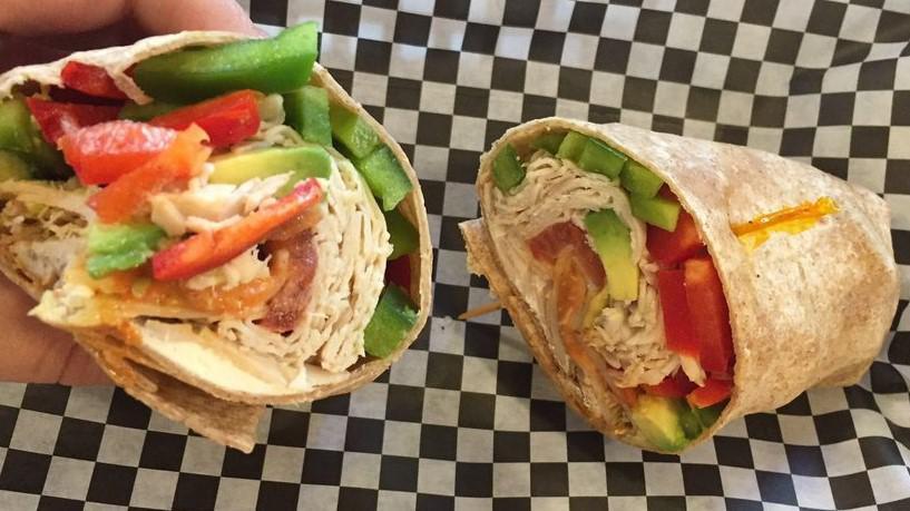Los Angeles Wrap · Classic oven roasted turkey, swiss cheese, red, and green bell pepper, tomato, alfalfa sprouts, avocado, cream cheese, and chipotle mayo on a wheat tortilla.