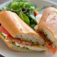 Fresh Mozzarrella Panini · Sliced Fresh Mozzarella and Pesto Spread on Baguette. Served with side of house salad. Balsa...