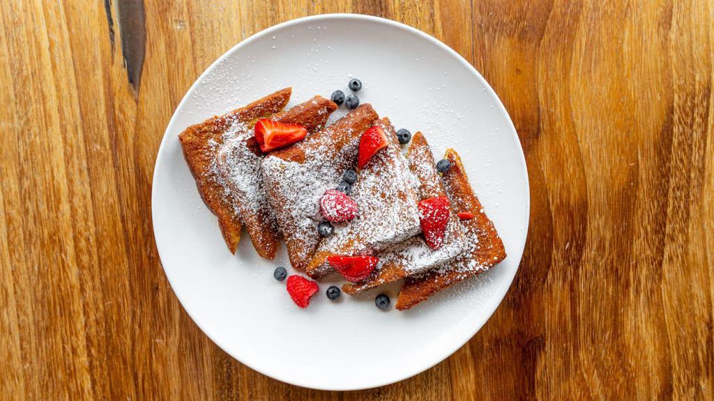 Bevvy French Toast · Vegetarian. Thick sliced pullman style brioche, cinnamon, egg dipped , griddled to perfection, fresh berries + whiskey brown butter maple syrup.