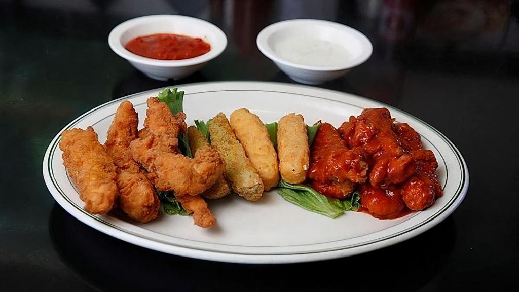 Appetizer Sampler · buttermilk-battered and hand-breaded chicken tenders, atomic tenders, mozzarella and fried pickles, served with ranch & marinara sauce