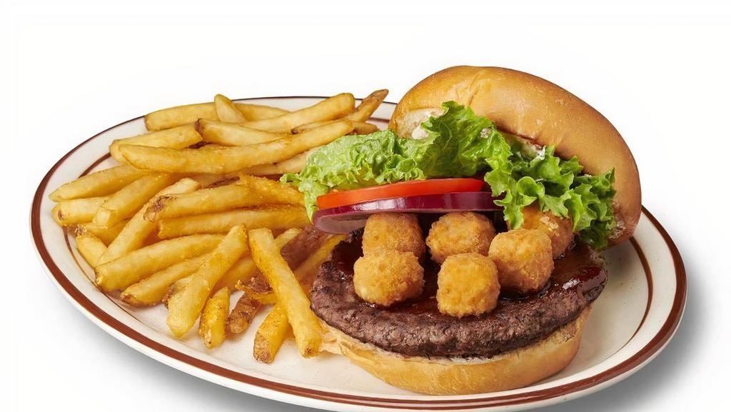Funicello Burger · jalapenos, cheese curds, tomatoes, red onion, leaf lettuce, chipolte bbq sauce & jalapeno cream cheese