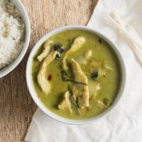 Avocado Curry · Green curry blended together with creamy avocado, chicken, carrots, spinach, green beans and...