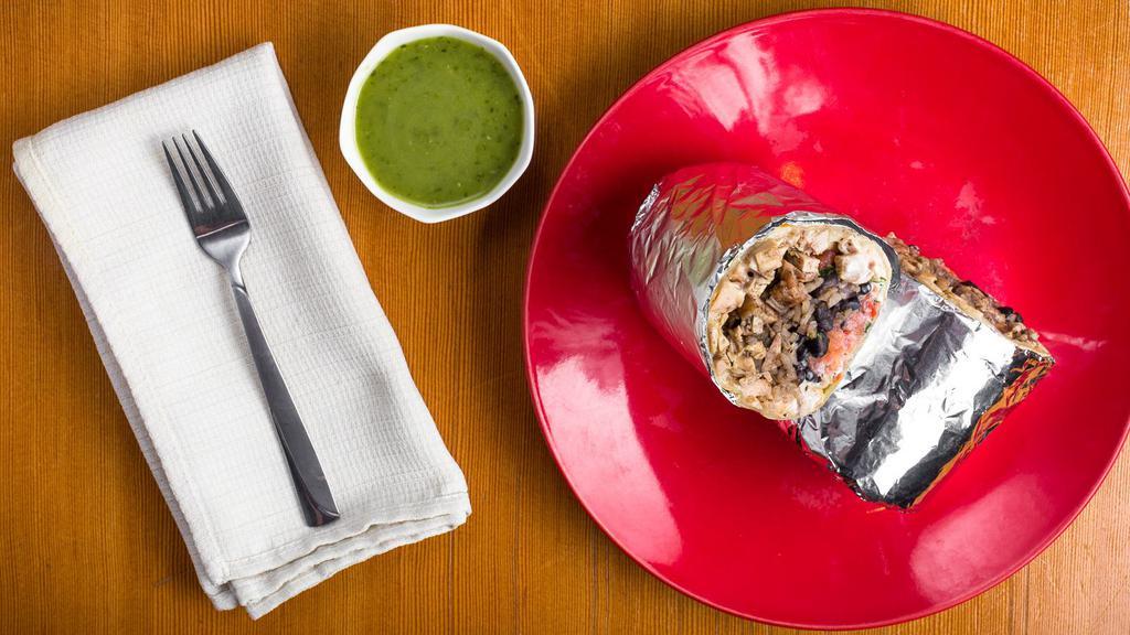 El Camión Burrito · Large flour tortilla filled with your choice of carne (meat), rice, black beans, sour cream, salsa verde (or salsa of your choice) cheese, pico do gallo and cilantro.