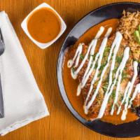 Enchiladas · Three enchiladas smothered in verde, roja, or mole salsa, filled with your choice of pollo, ...