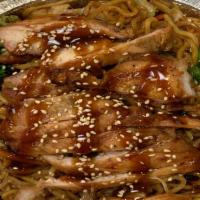 Yakisoba Chicken · 390 cal, 12 fat grams, 110 cal from fat. Soft pan fried noodles, sliced grilled chicken, veg...
