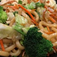 Yaki Udon Chicken · Fat udon noodles pan fried with chicken and veggies in a soy-sesame flavored sauce.