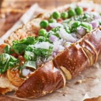 Smart Dog  (Cal 330) · Vegan sausage, peas, Parmesan cheese, red onions, cilantro, special sauce, mayo on a pretzel...