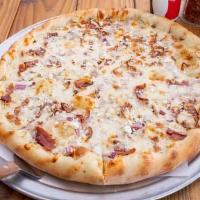 The White Out Pizza · White Sauce instead of Pizza Sauce, Bacon, Feta, Red Onions, and Garlic. Big Ass Pizzas will...