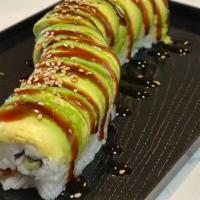 Caterpillar Roll · baked fresh water eel, crab mix, cucumber ,topped with avocado, eel sauce