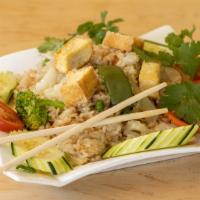 Vegetable Fried Rice · Rice fried with carrots, onions, bell peppers, broccoli and cabbage and tofu.