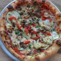 Giardino · Tomato sauce, mushrooms, garlic, roasted red pepper, spinach, artichokes, zucchini and mozza...