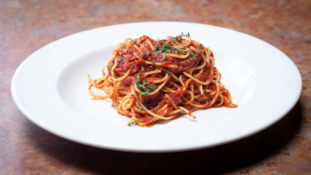 Spaghetti · Choice of 1.  Crushed Garlic with Extra Virgin Olive Oil 2. Basil Pesto with Walnuts & Parmesan 3. Marinara