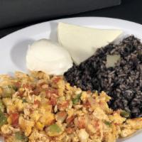 Casamiento · Mixture of re-fried beans and rice served with sour cream cheese and three over-easy or scra...