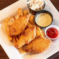 Fish & Chips · Battered cod fillets fried to golden brown. Served with fries, homemade slaw and tartar sauce.
