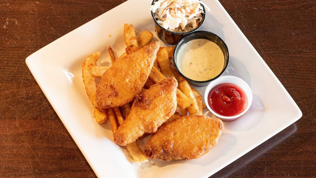 Fish & Chips · Battered cod fillets fried to golden brown. Served with fries, homemade slaw and tartar sauce.