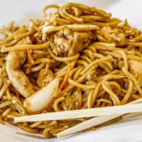 Chicken Lo Mein · Soft noodles tossed in a savory brown sauce with stir fried cabbage, scallions, bean sprouts...