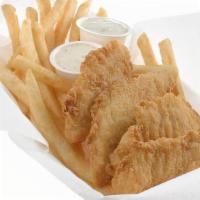 Chicken Dinner · Four golden fried breaded chicken strips on a bed of our french fries. upgrade to our onion ...