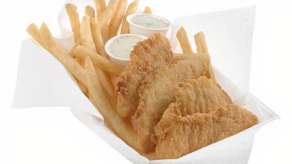 Chicken Dinner · Four golden fried breaded chicken strips on a bed of our french fries. upgrade to our onion rings zucchini or another amazing side.