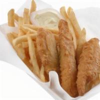 Fish Dinner · Fish dinner three golden fried cod fillets on a bed of our french fries. served with our hom...
